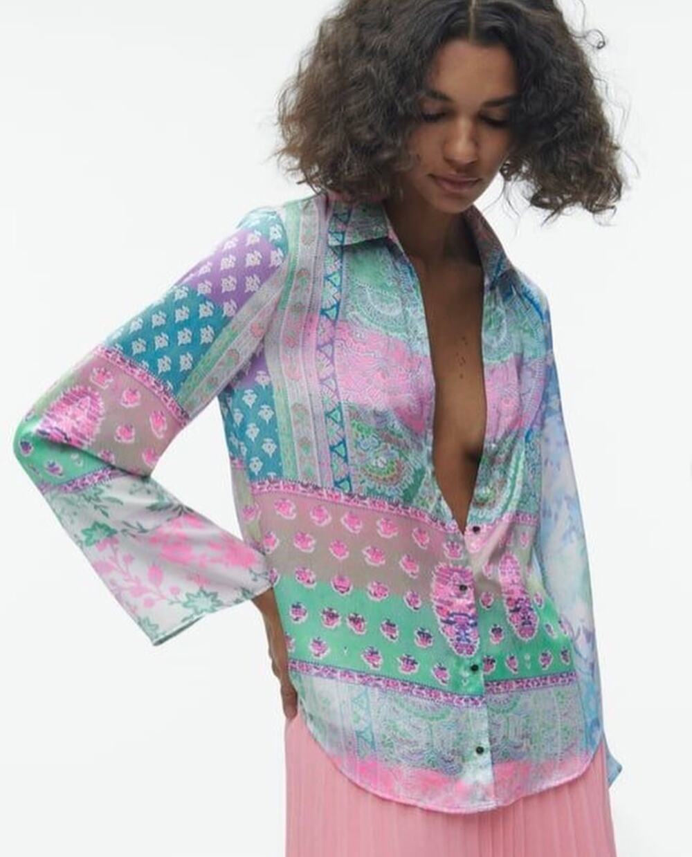 ZARA Pastel Patchwork Print Long Sleeve Button-Down Collared Silk Shirt Size M